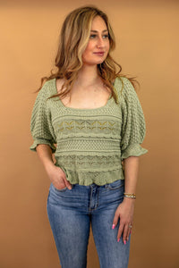 Chelsey Eyelet Knit Top in Sage