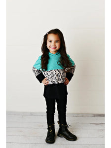 Kids Teal Black & Leopard Print Fall Winter Hoodie Shirt