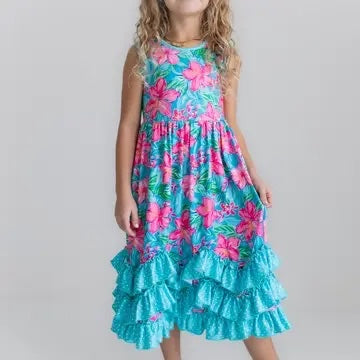 Kids Pink Blue Tropical 3 Ruffle Spring Summer Dress