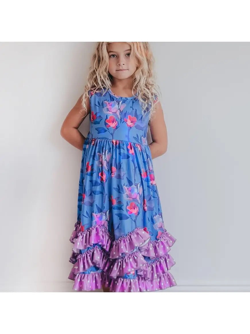 Kids Lavender Floral 3 Ruffle Spring Summer Easter Dress