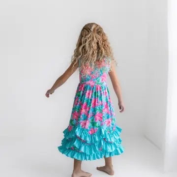 Kids Pink Blue Tropical 3 Ruffle Spring Summer Dress