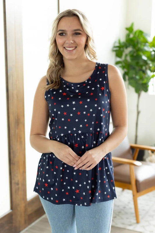 Renee Ruffle Tank - Red White and Blue Stars by Michelle Mae