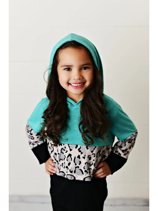 Kids Teal Black & Leopard Print Fall Winter Hoodie Shirt