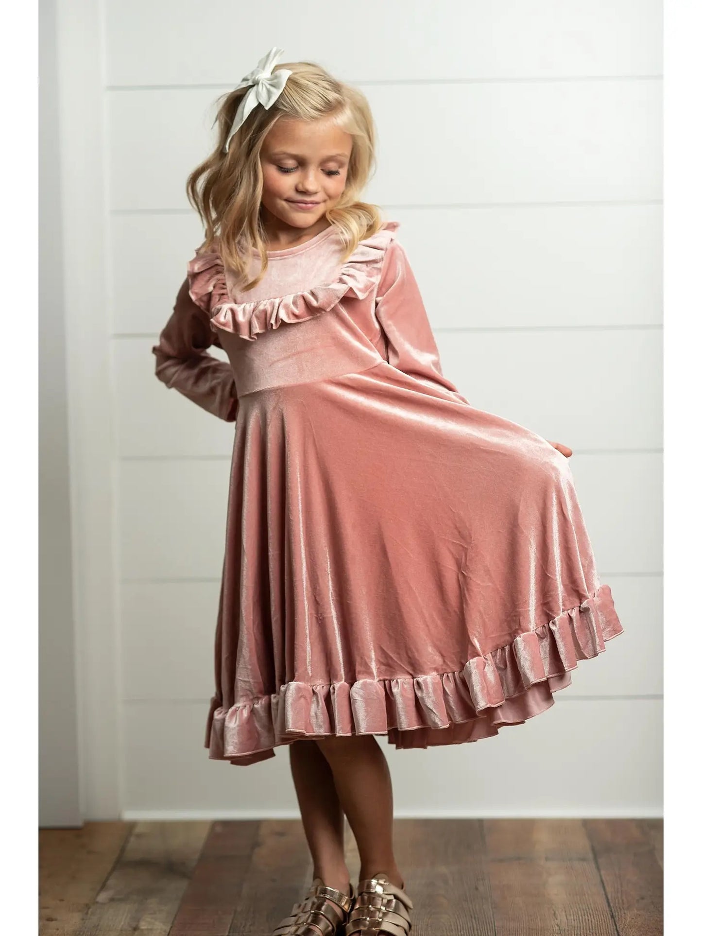 Kids Pink Velvet Ruffle Fancy Winter Christmas Holiday Dress