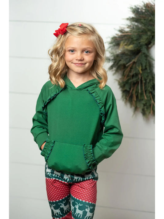 Kids Reindeer Pocket Ruffle Hoodie Shirt and Leggings Set