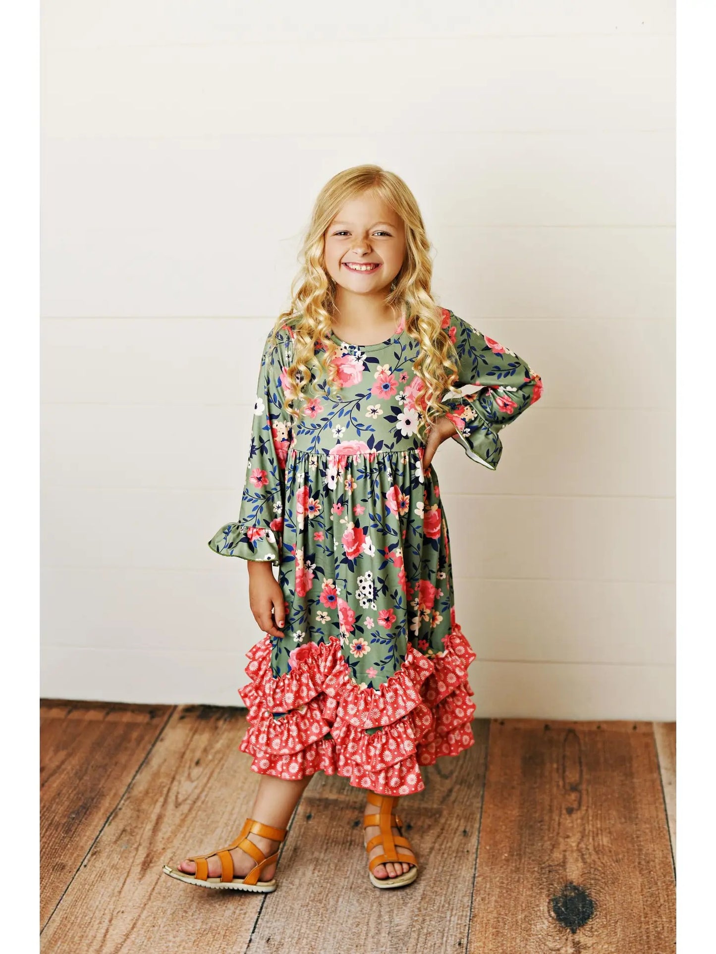 Kids 3 Ruffle Sage & Floral Long Sleeve Fall Winter Dress