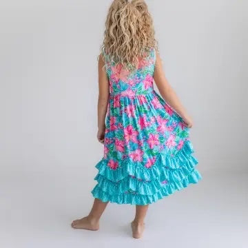 Kids Pink Blue Tropical 3 Ruffle Spring Summer Dress