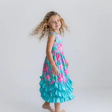 Kids Pink Blue Tropical 3 Ruffle Spring Summer Dress