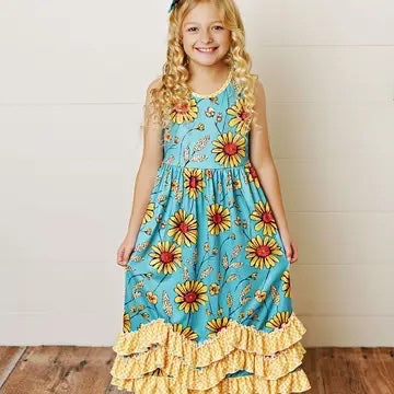 Kids Sunflower Gingham 3 Ruffle Spring Summer Easter Dress