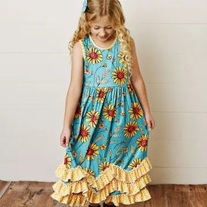Kids Sunflower Gingham 3 Ruffle Spring Summer Easter Dress