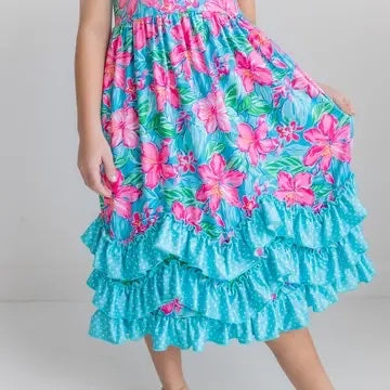 Kids Pink Blue Tropical 3 Ruffle Spring Summer Dress