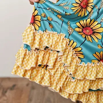 Kids Sunflower Gingham 3 Ruffle Spring Summer Easter Dress