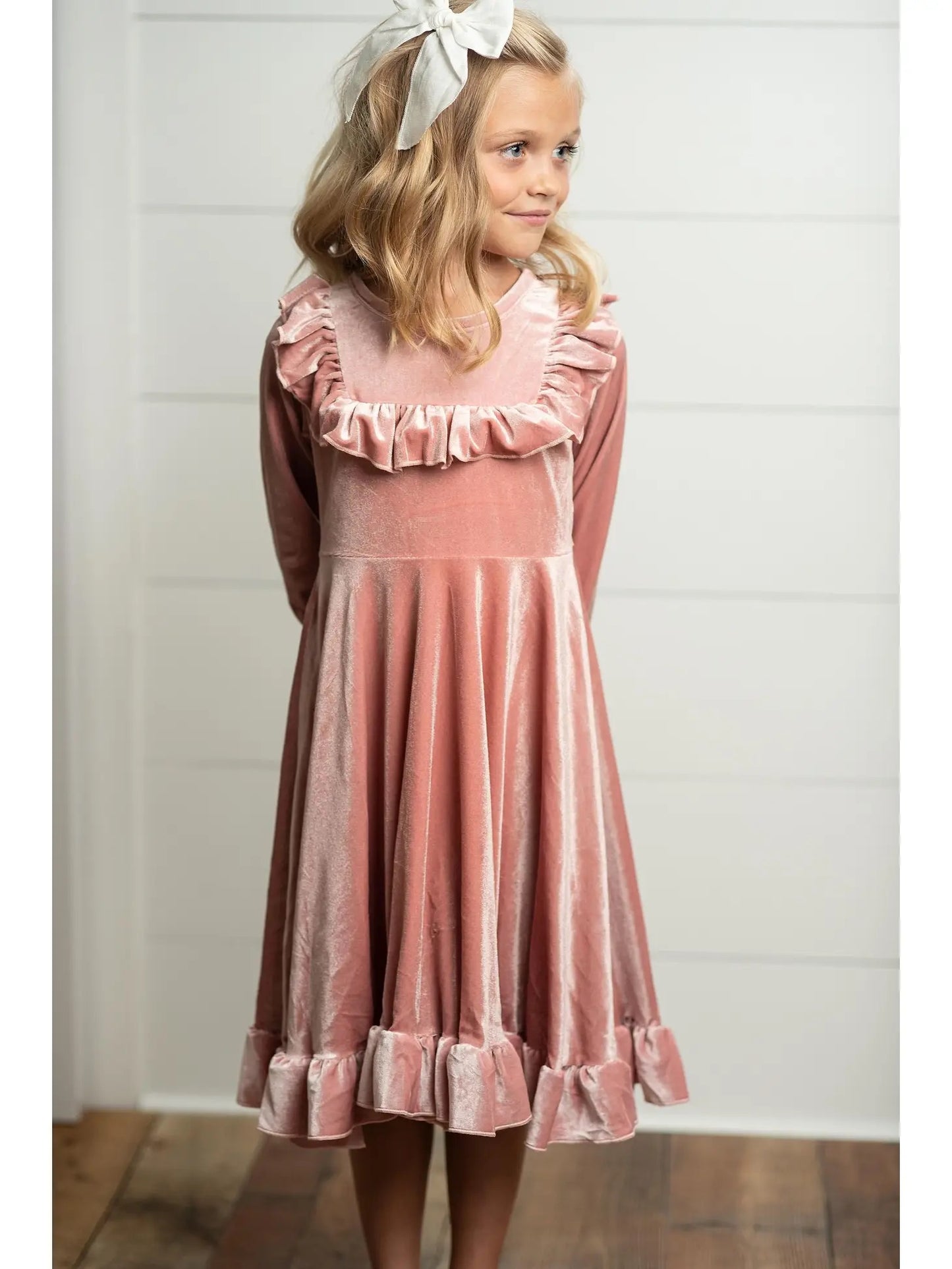 Kids Pink Velvet Ruffle Fancy Winter Christmas Holiday Dress