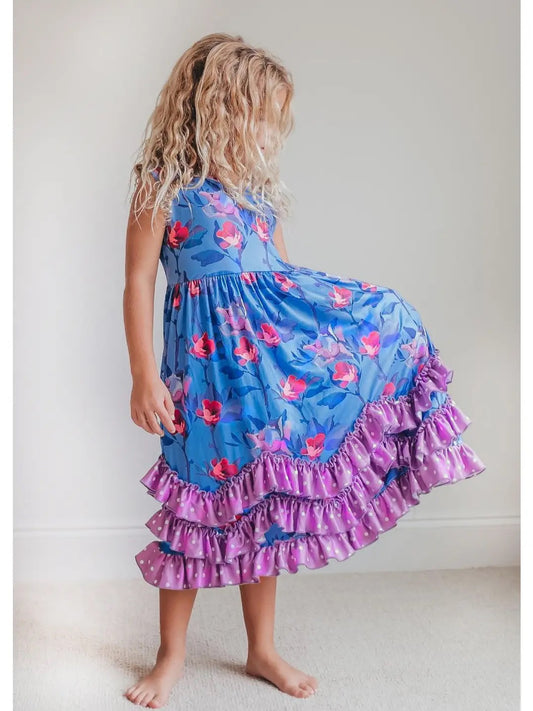 Kids Lavender Floral 3 Ruffle Spring Summer Easter Dress