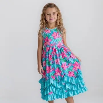 Kids Pink Blue Tropical 3 Ruffle Spring Summer Dress