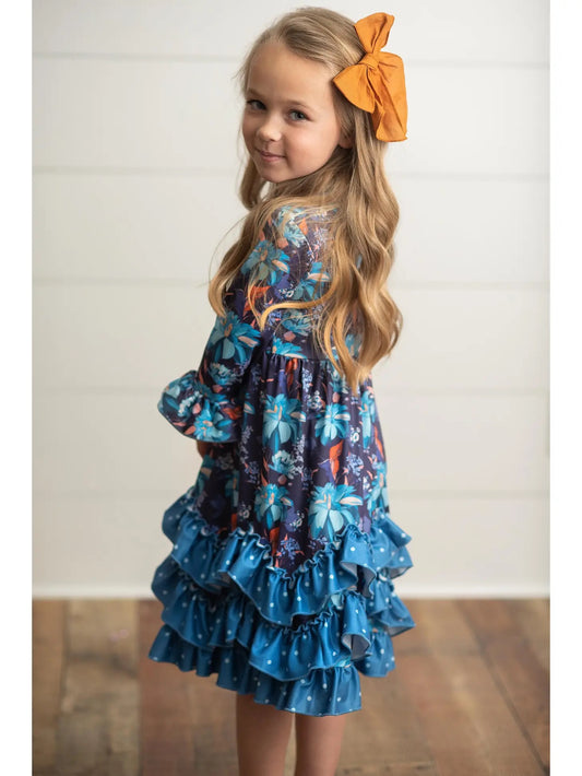 Kids 3 Ruffle Teal Polka Dot Long Sleeve Fall Winter Dress