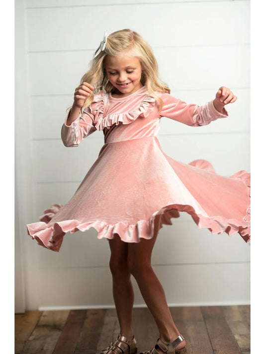 Kids Pink Velvet Ruffle Fancy Winter Christmas Holiday Dress